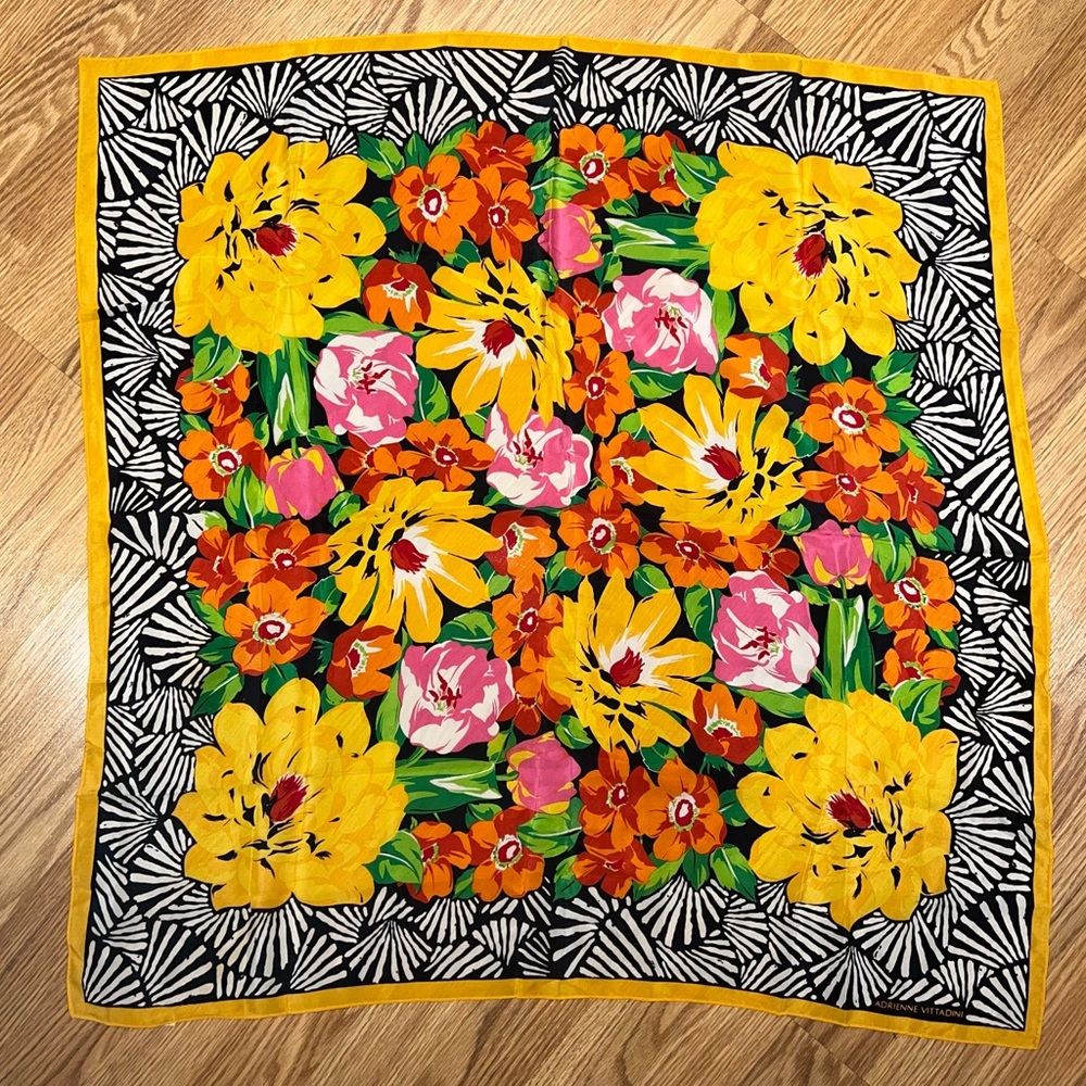 Adrienne Vittadini Silk Print Scarf 29” square black, navy, yellow, orange